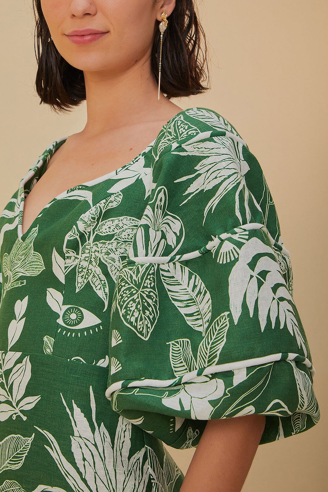 Robe courte Forêt Soul à manches courtes en lin - Vert