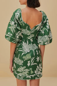 Robe courte Forêt Soul à manches courtes en lin - Vert