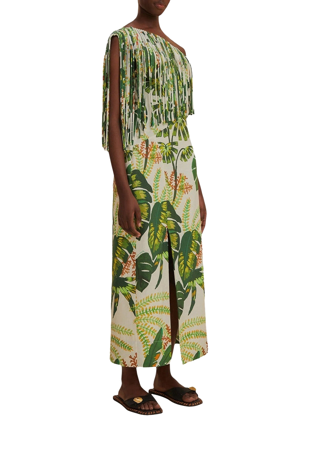 MEDIA OFF LINE_Robe longue à franges Tropical Forest en lin - Vert
