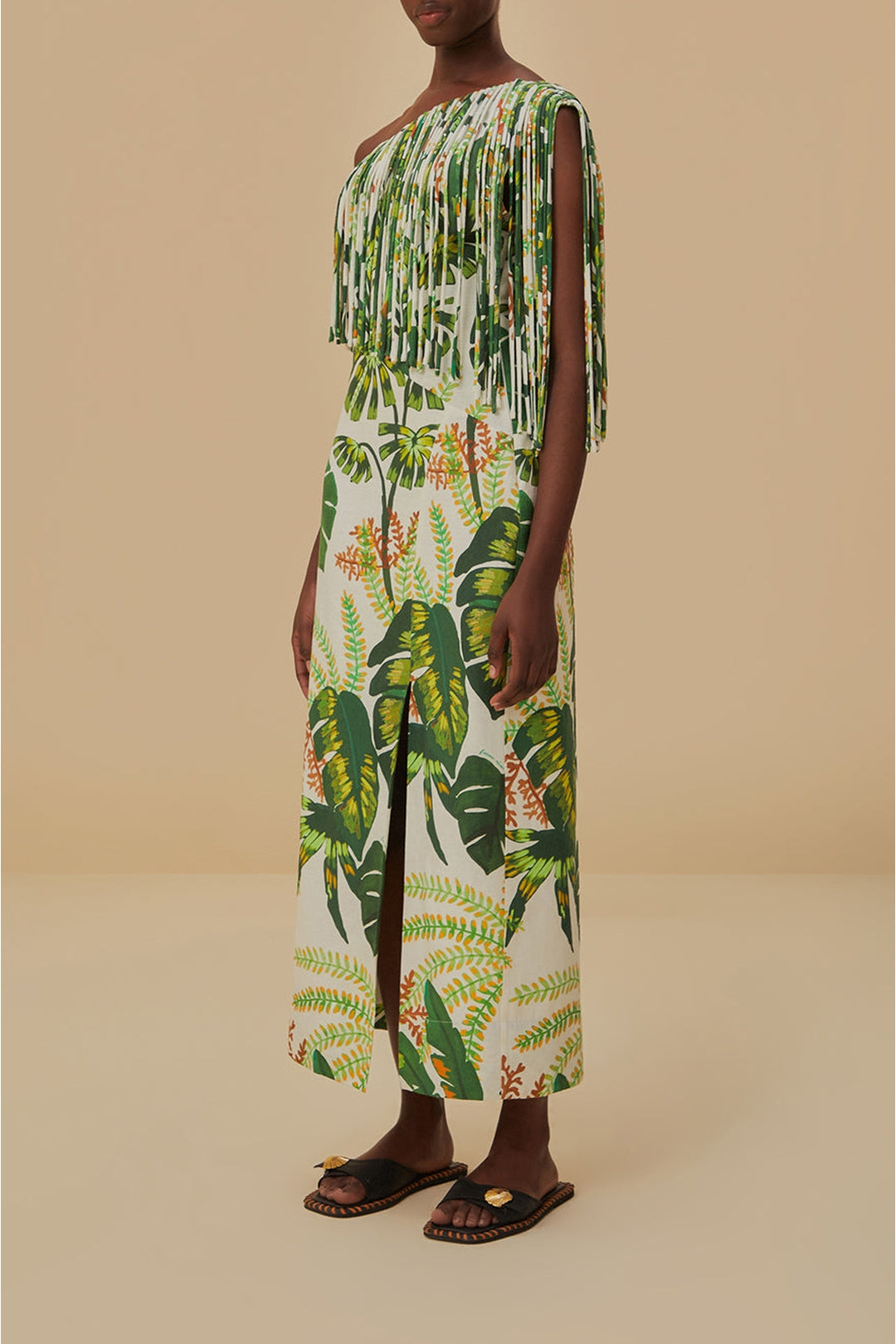 MEDIA OFF LINE_Robe longue à franges Tropical Forest en lin - Vert