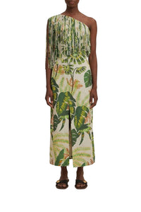 Tropical Forest fringed midi dress in linen - Green