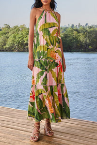 Banana Leaves cotton strapless maxi dress - Pink