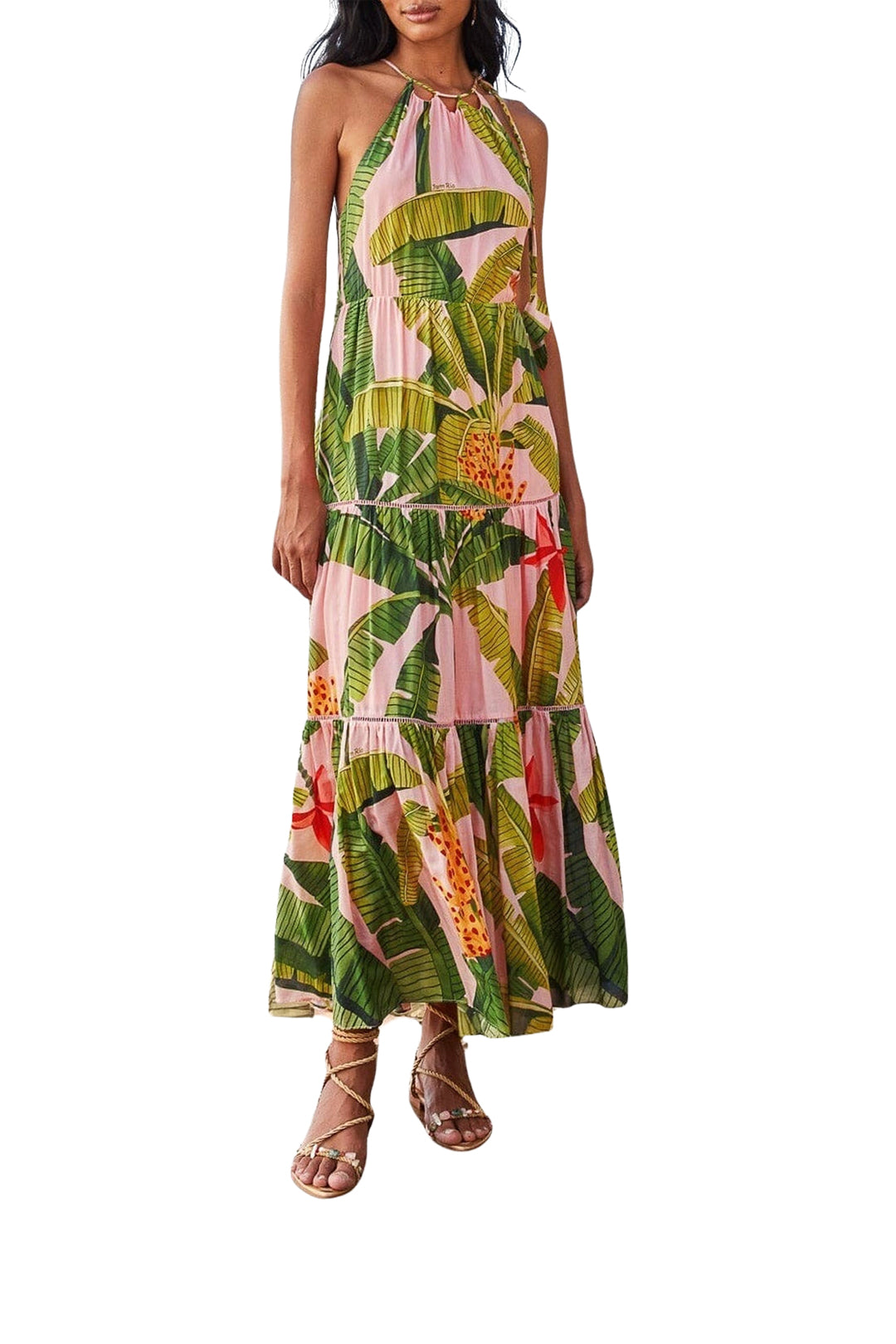 Banana Leaves cotton strapless maxi dress - Pink