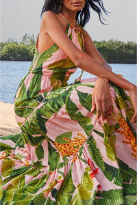 Banana Leaves cotton strapless maxi dress - Pink