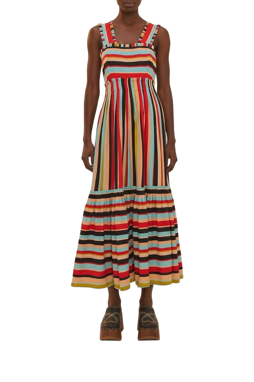 Robe midi à rayures en lin - Multicolore