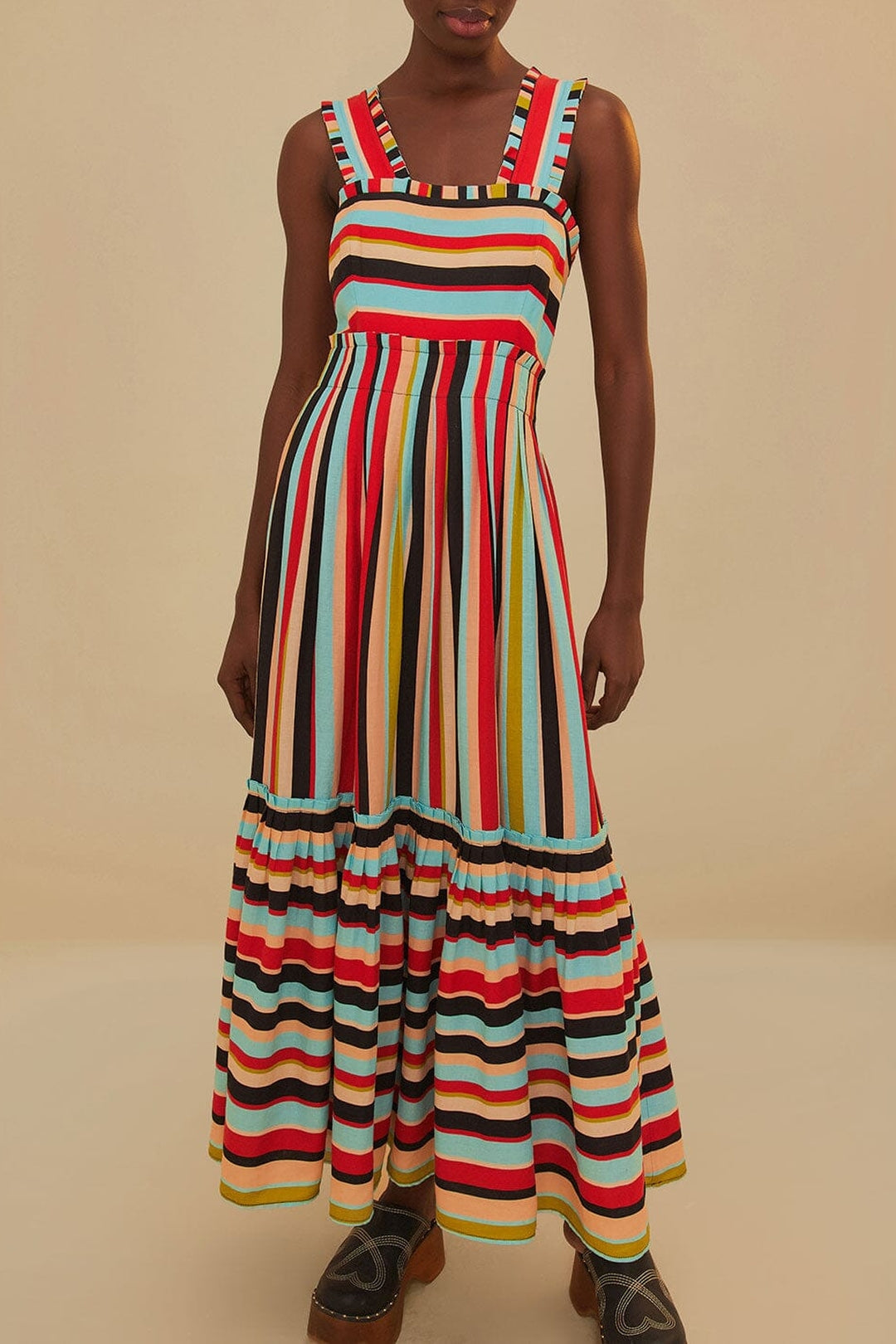 Robe midi à rayures en lin - Multicolore
