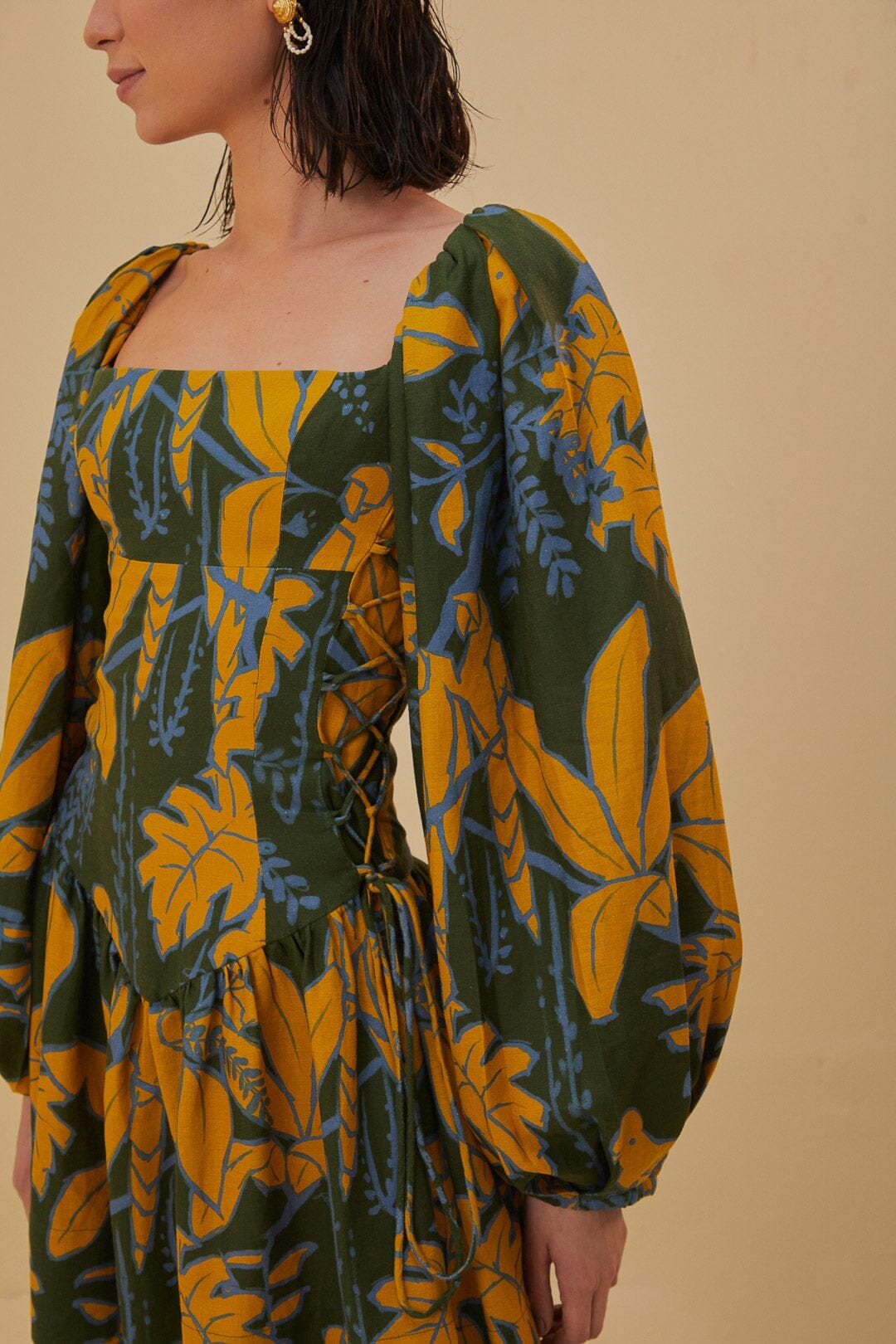 Robe courte à manches longues en lin - Vert