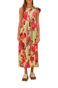 Fresh Garden asymmetrical long dress in linen - Green