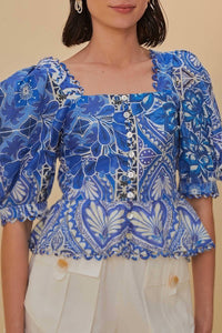 Blouse Tile Dream à manches courtes en coton - Bleu