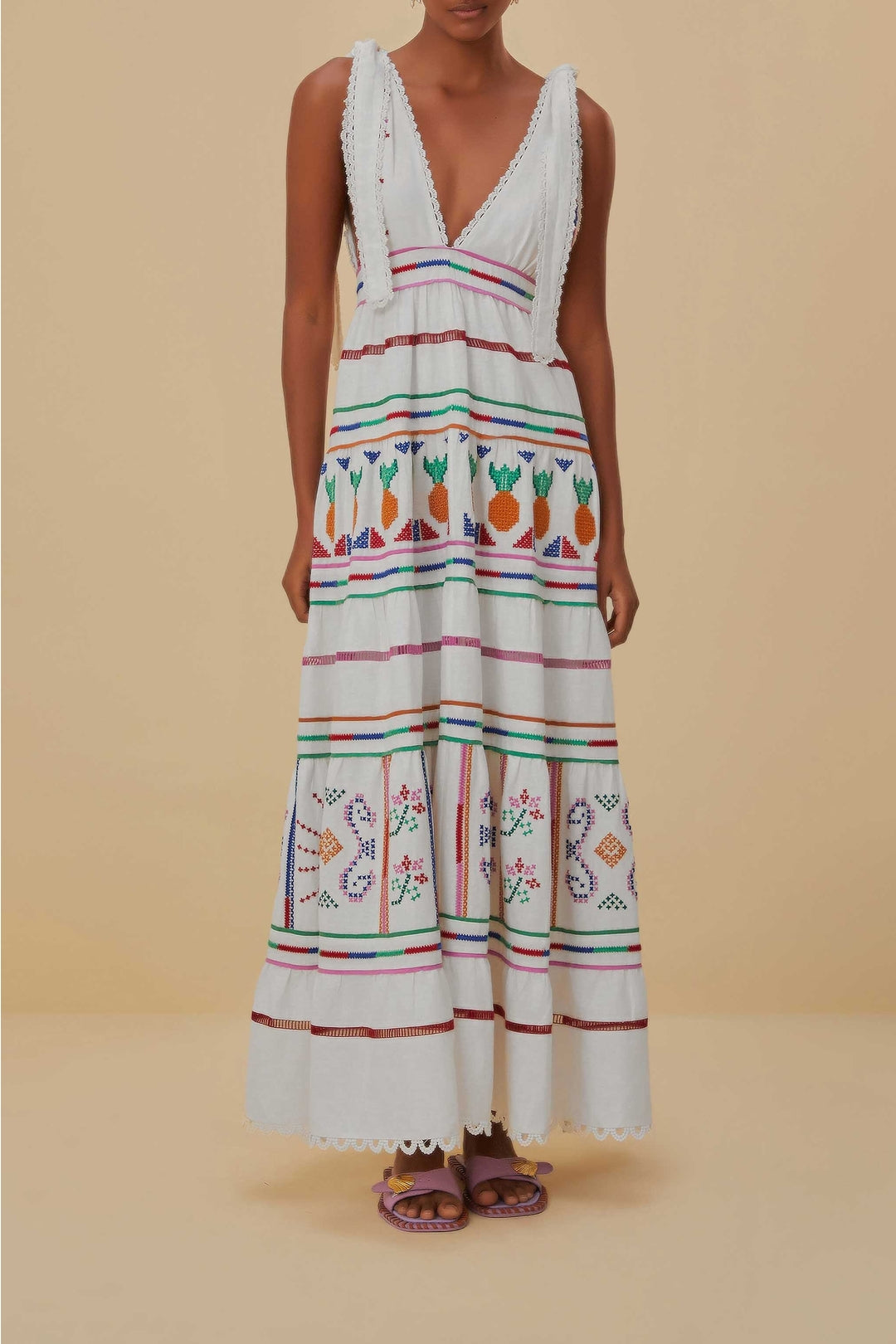Robe longue à broderie en lin - Blanc
