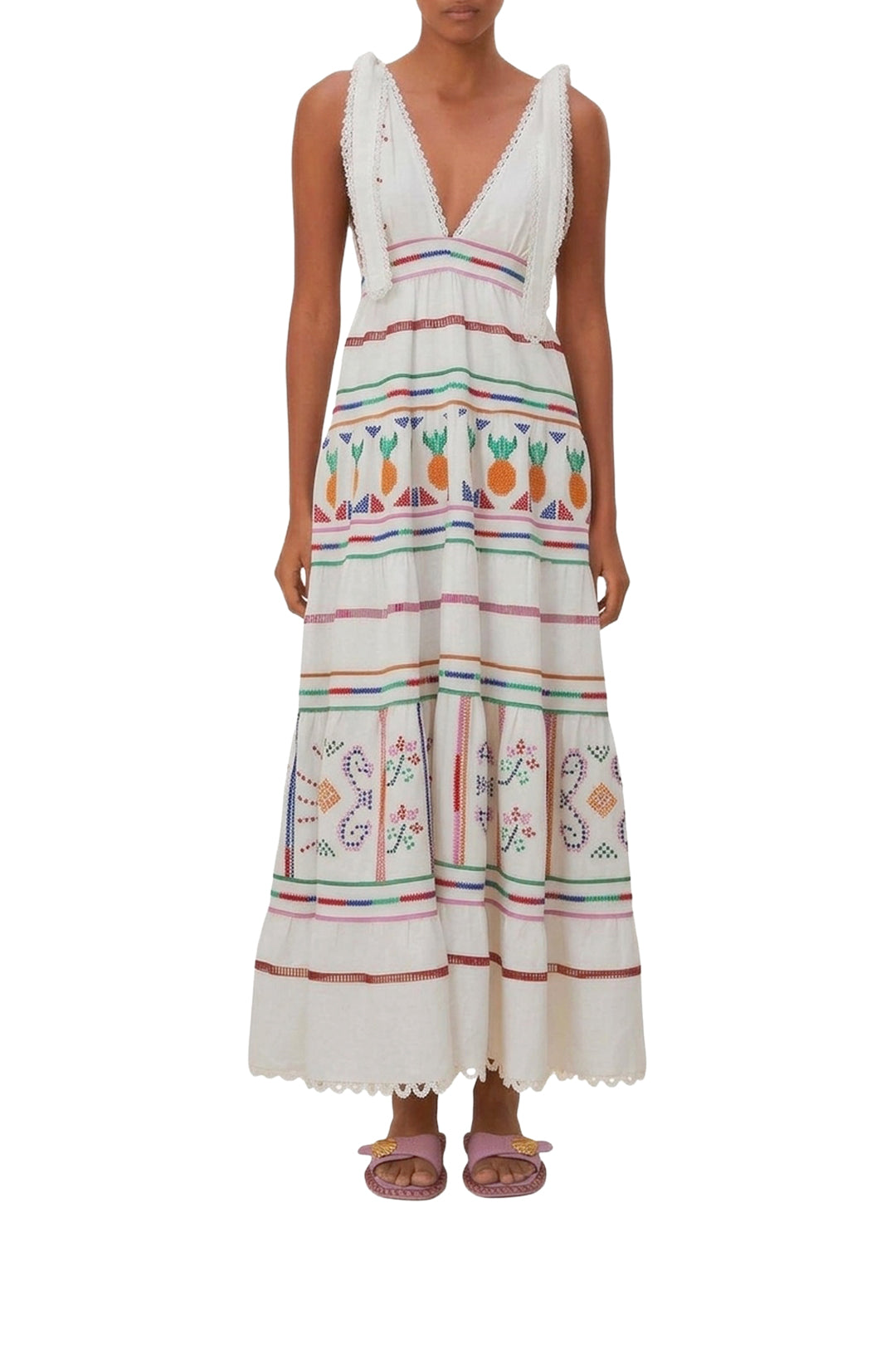 Robe longue à broderie en lin - Blanc