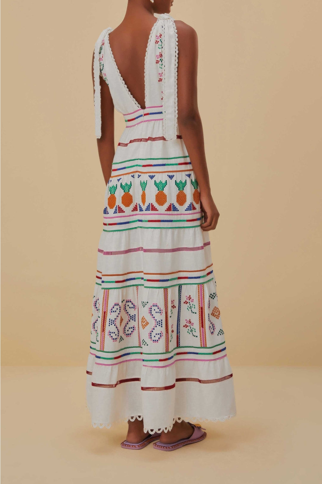 Robe longue à broderie en lin - Blanc