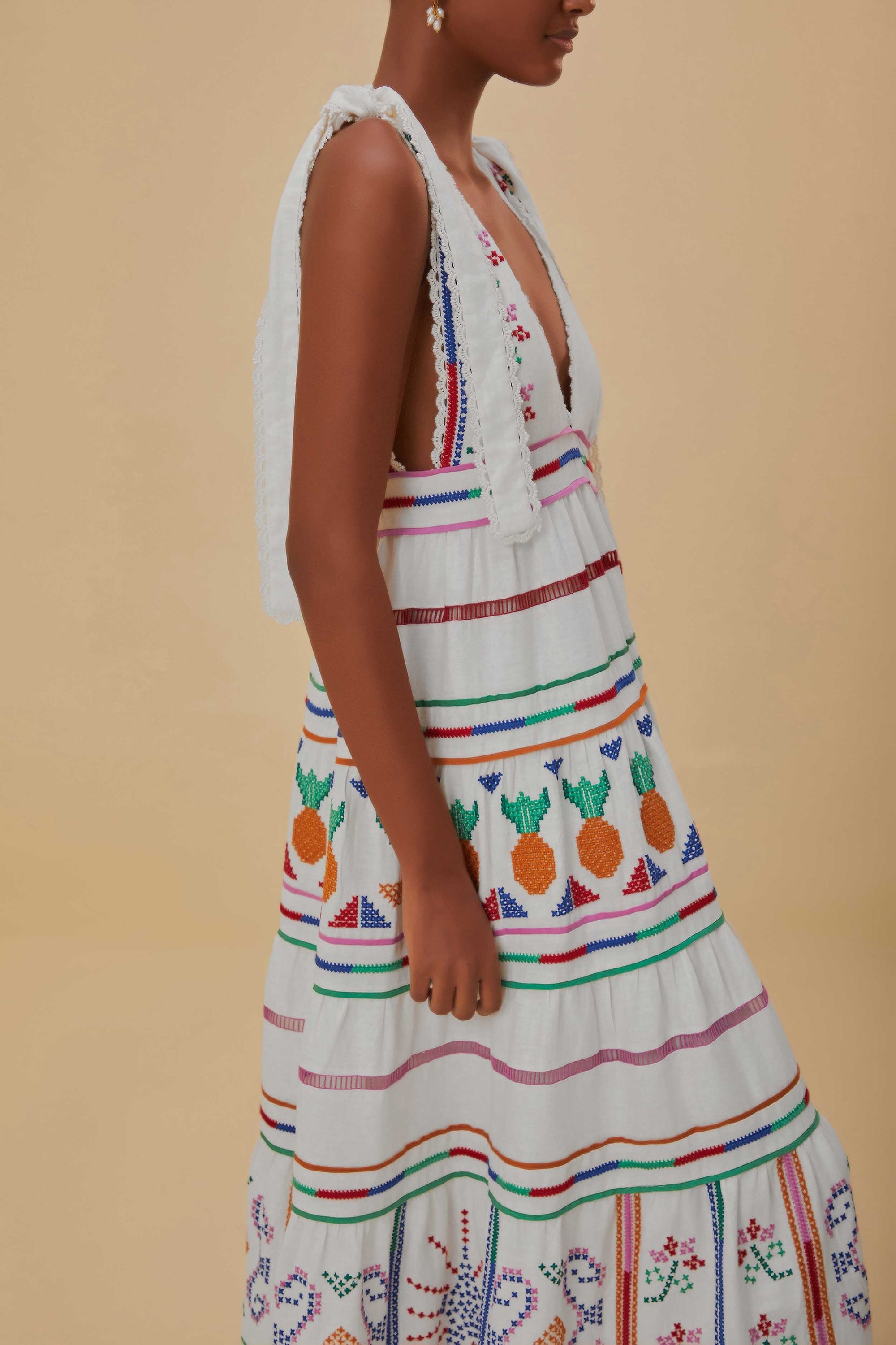 Robe longue à broderie en lin - Blanc