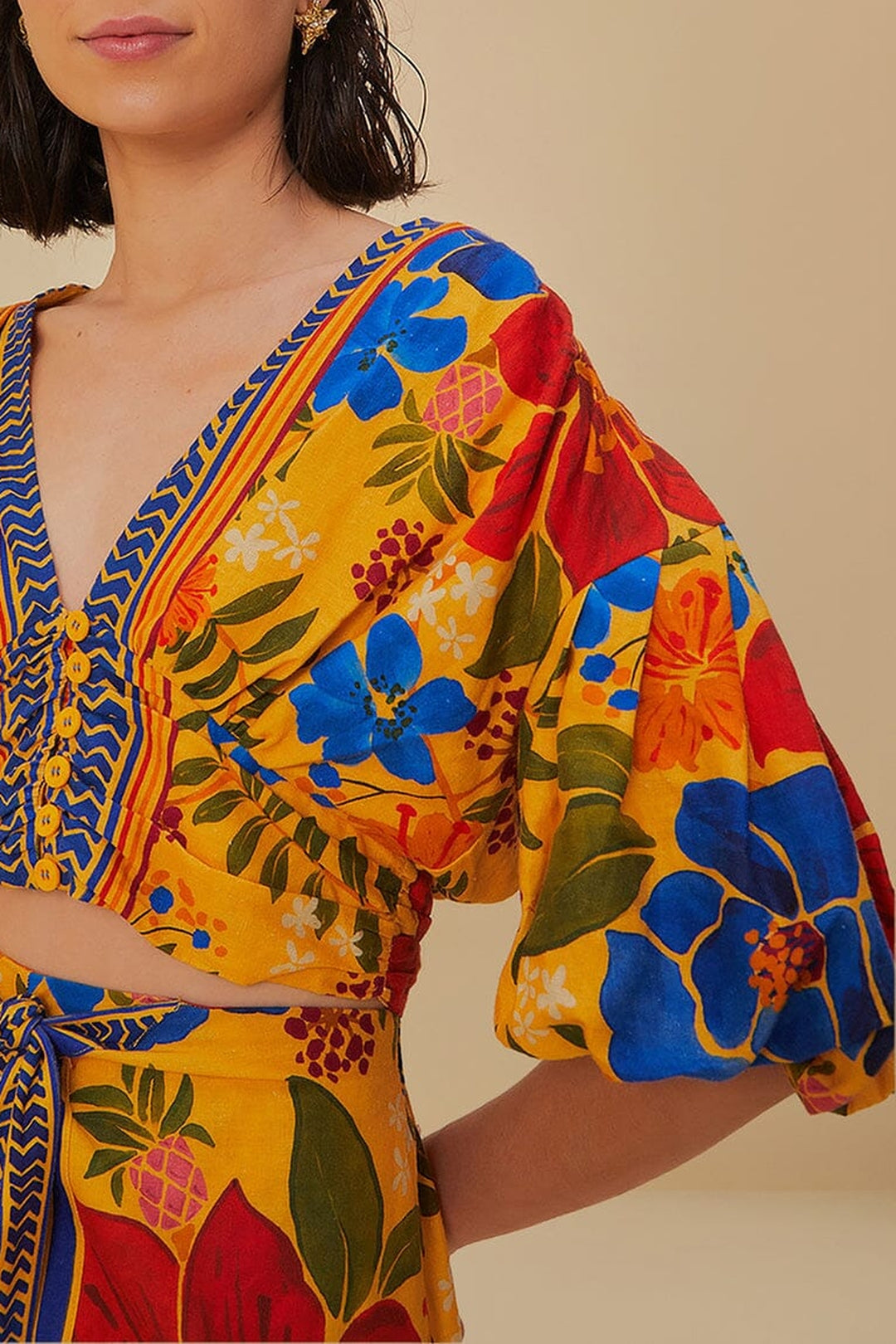 Blouse courte Floral Yard à manches bouffantes en lin - Jaune