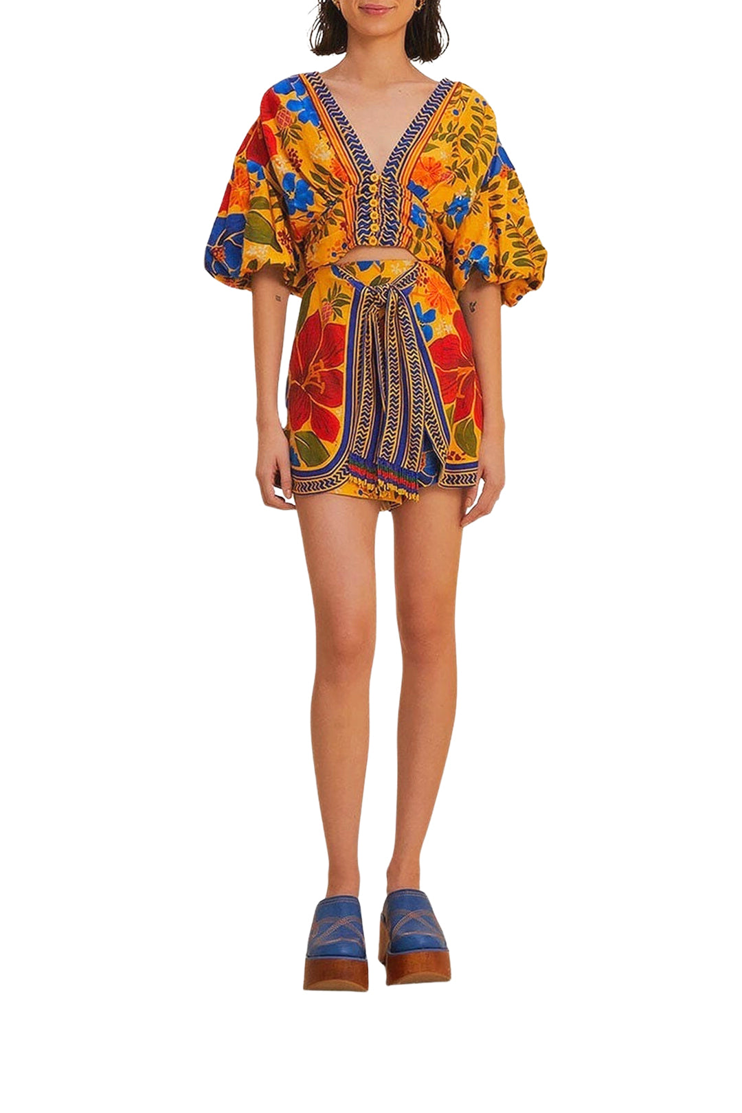 Blouse courte Floral Yard à manches bouffantes en lin - Jaune