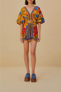 Blouse courte Floral Yard à manches bouffantes en lin - Jaune