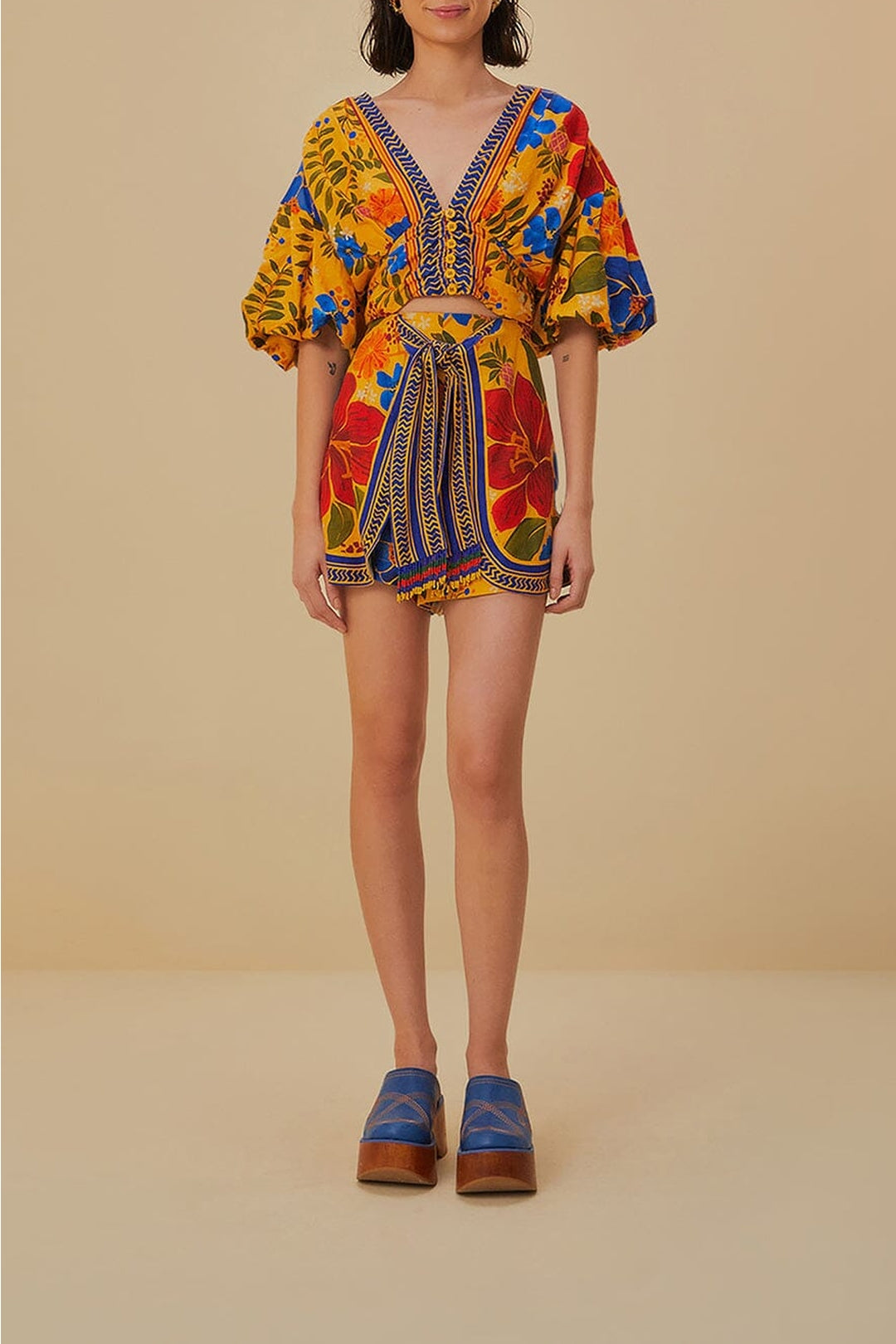 Blouse courte Floral Yard à manches bouffantes en lin - Jaune