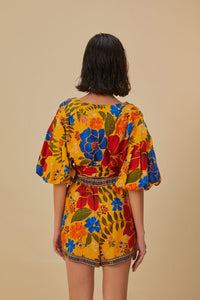 Blouse courte Floral Yard à manches bouffantes en lin - Jaune