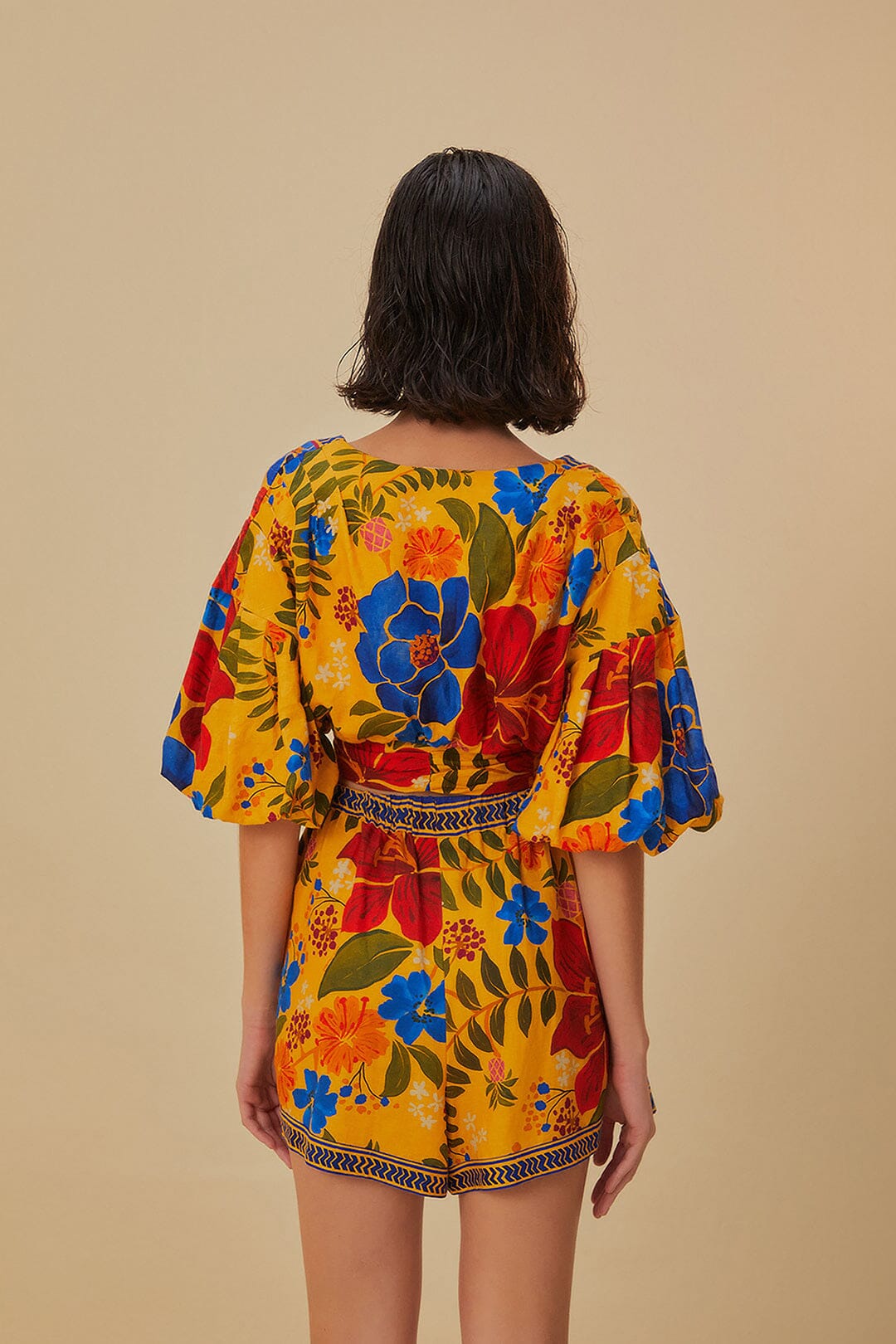 Blouse courte Floral Yard à manches bouffantes en lin - Jaune