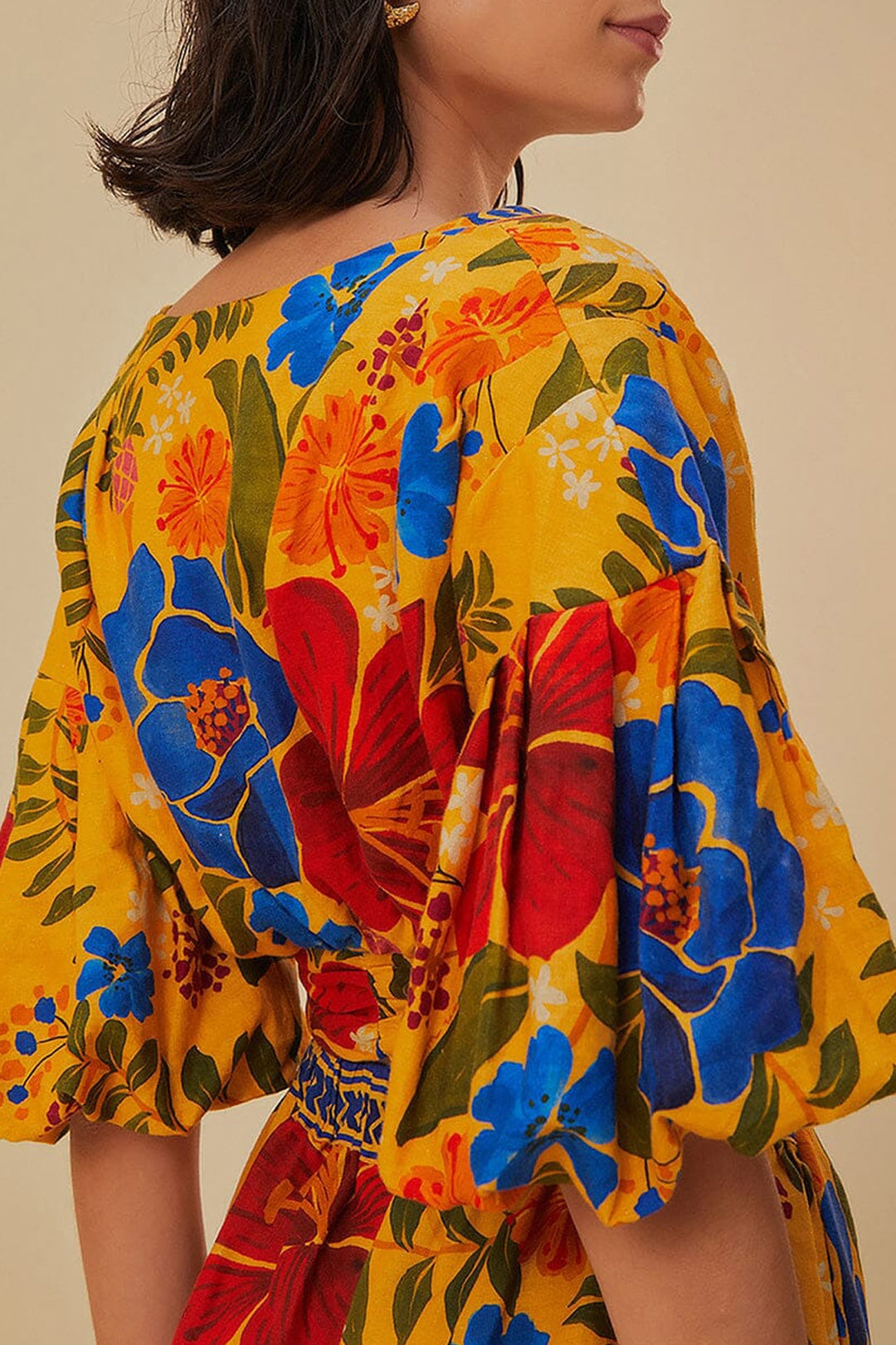 Blouse courte Floral Yard à manches bouffantes en lin - Jaune