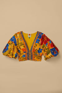 Blouse courte Floral Yard à manches bouffantes en lin - Jaune