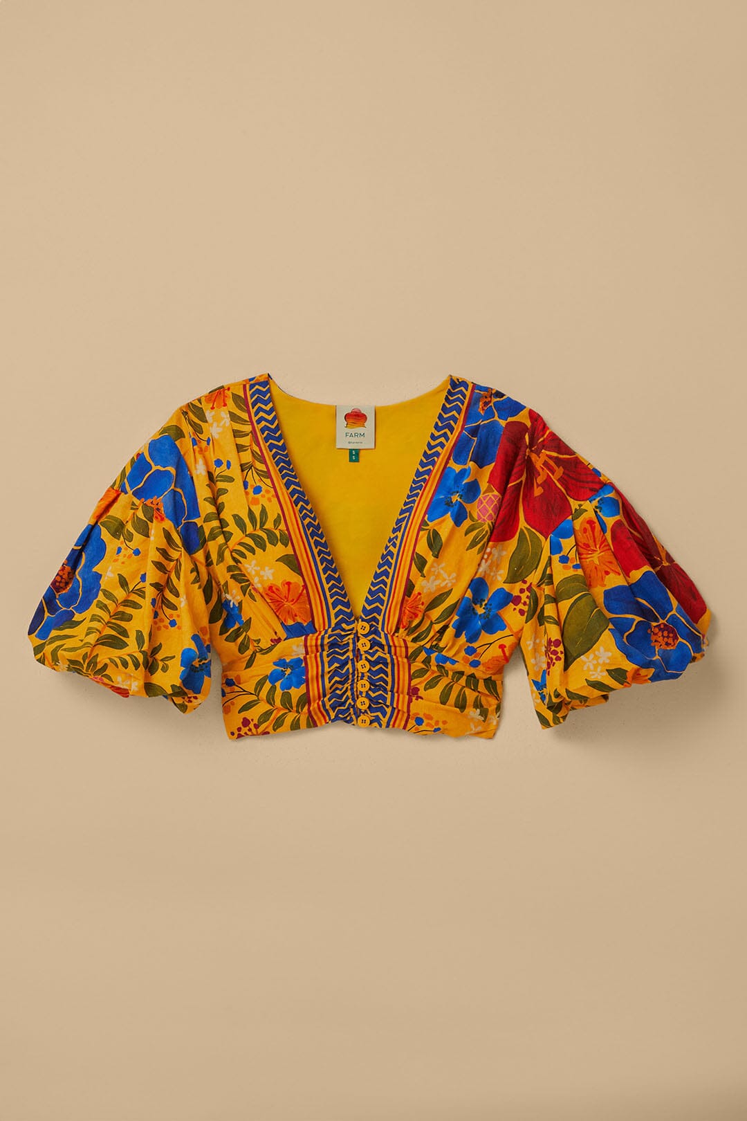 Blouse courte Floral Yard à manches bouffantes en lin - Jaune