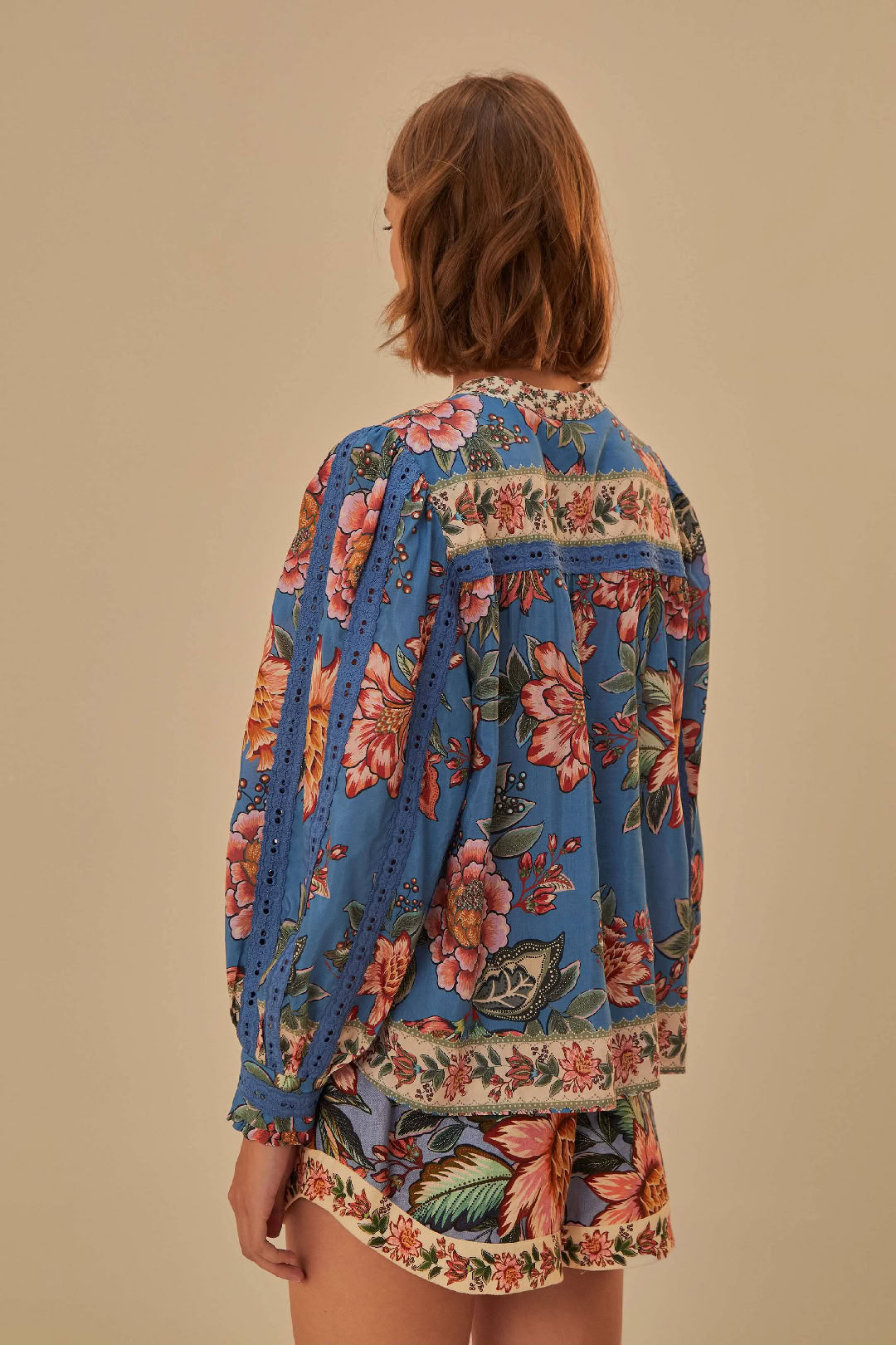 Blouse Wonderful Bouquet à manches longues en coton - Bleu