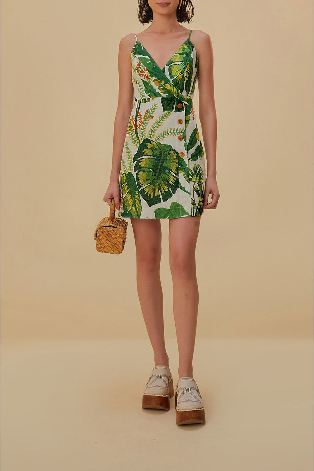 Robe courte Tropical Forest en lin - Vert