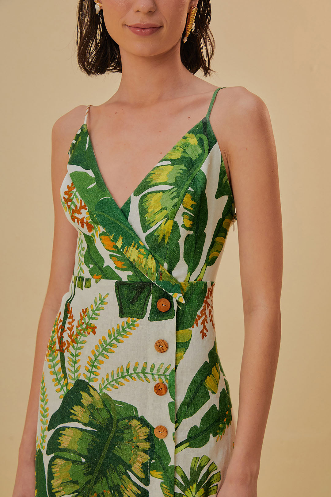Robe courte Tropical Forest en lin - Vert