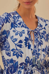 Robe courte Flowerful Birds en coton - Bleu
