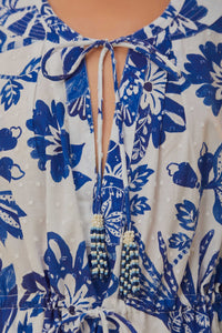 Robe courte Flowerful Birds en coton - Bleu