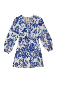 Robe courte Flowerful Birds en coton - Bleu