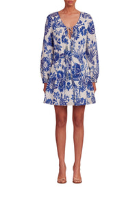 Robe courte Flowerful Birds en coton - Bleu