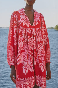 Robe courte Flora à manches longues en lin - Rouge