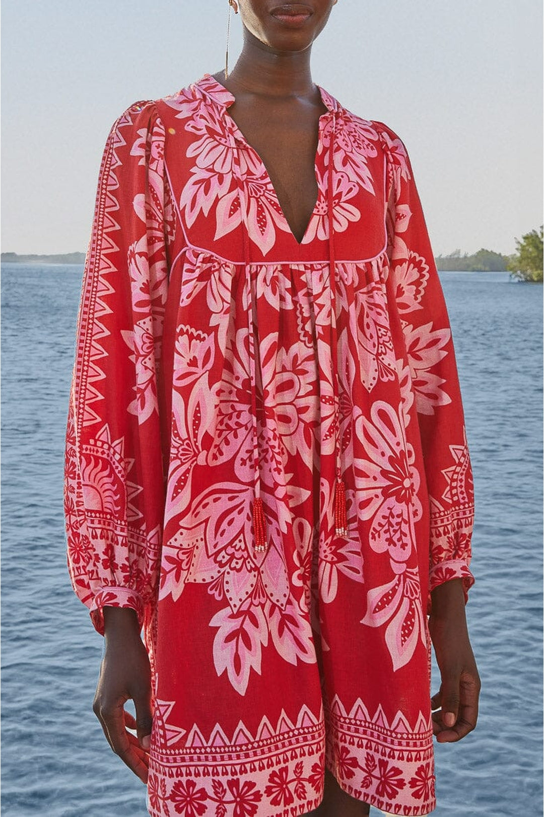 Robe courte Flora à manches longues en lin - Rouge