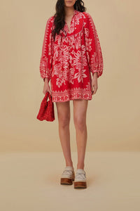 Robe courte Flora à manches longues en lin - Rouge
