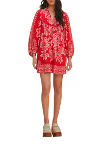 Robe courte Flora à manches longues en lin - Rouge