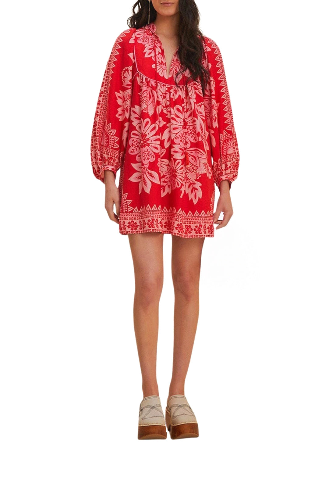 Robe courte Flora à manches longues en lin - Rouge