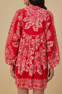 Robe courte Flora à manches longues en lin - Rouge