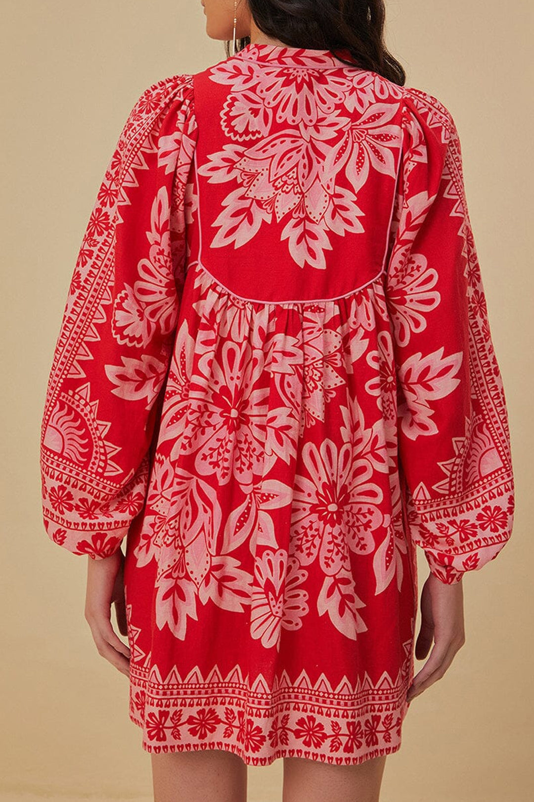 Robe courte Flora à manches longues en lin - Rouge