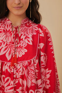 Robe courte Flora à manches longues en lin - Rouge