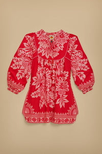 Robe courte Flora à manches longues en lin - Rouge