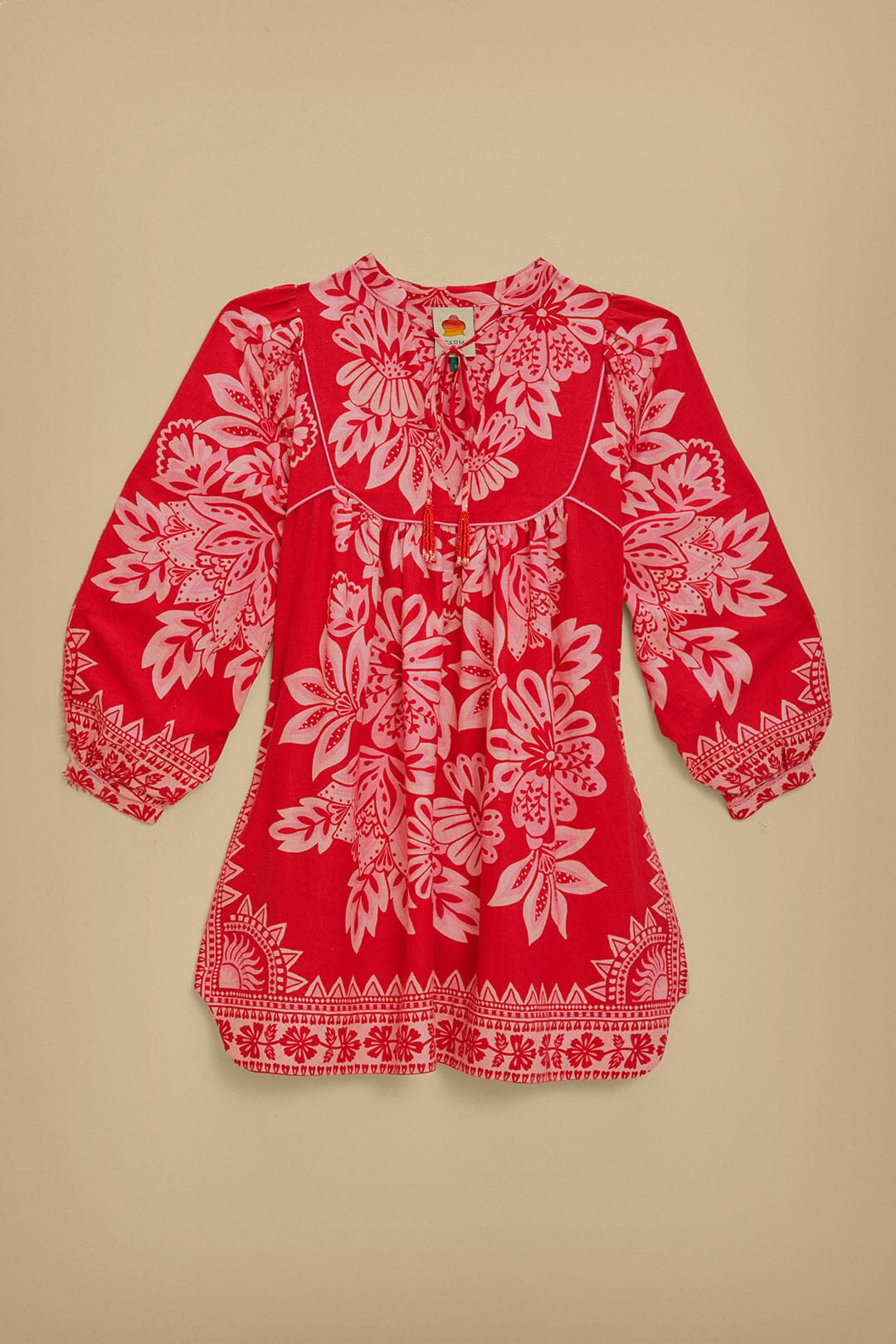 Robe courte Flora à manches longues en lin - Rouge