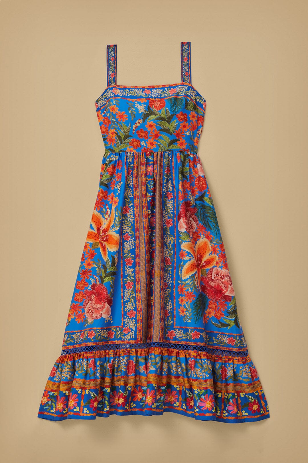 Robe longue Stiched Garden en coton - Bleu