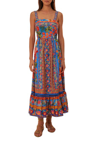 Robe longue Stiched Garden en coton - Bleu