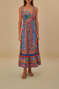Robe longue Stiched Garden en coton - Bleu
