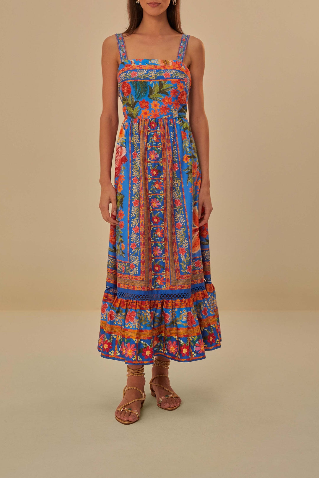Robe longue Stiched Garden en coton - Bleu