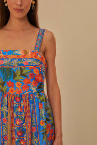 Robe longue Stiched Garden en coton - Bleu