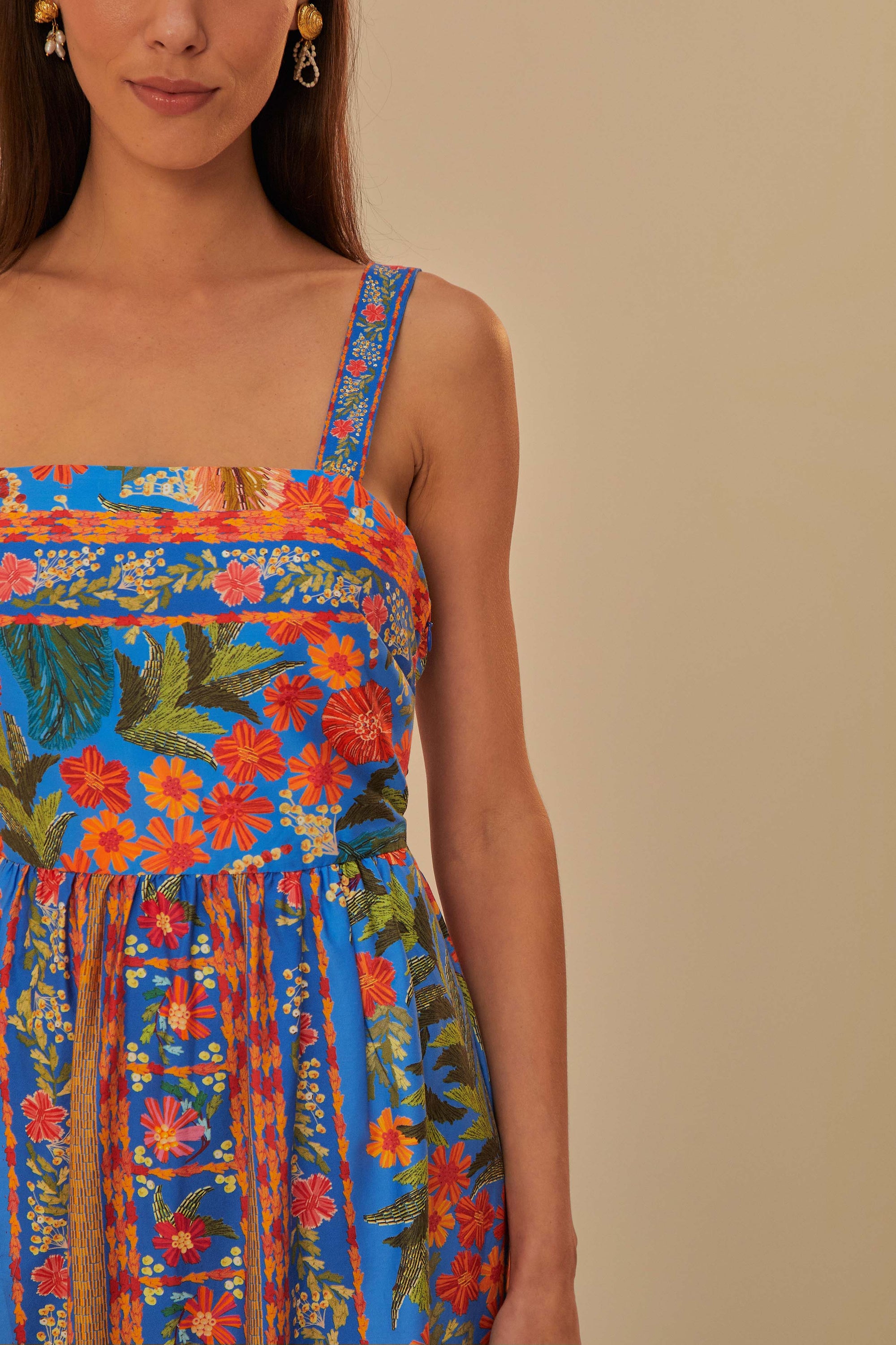 Robe longue Stiched Garden en coton - Bleu