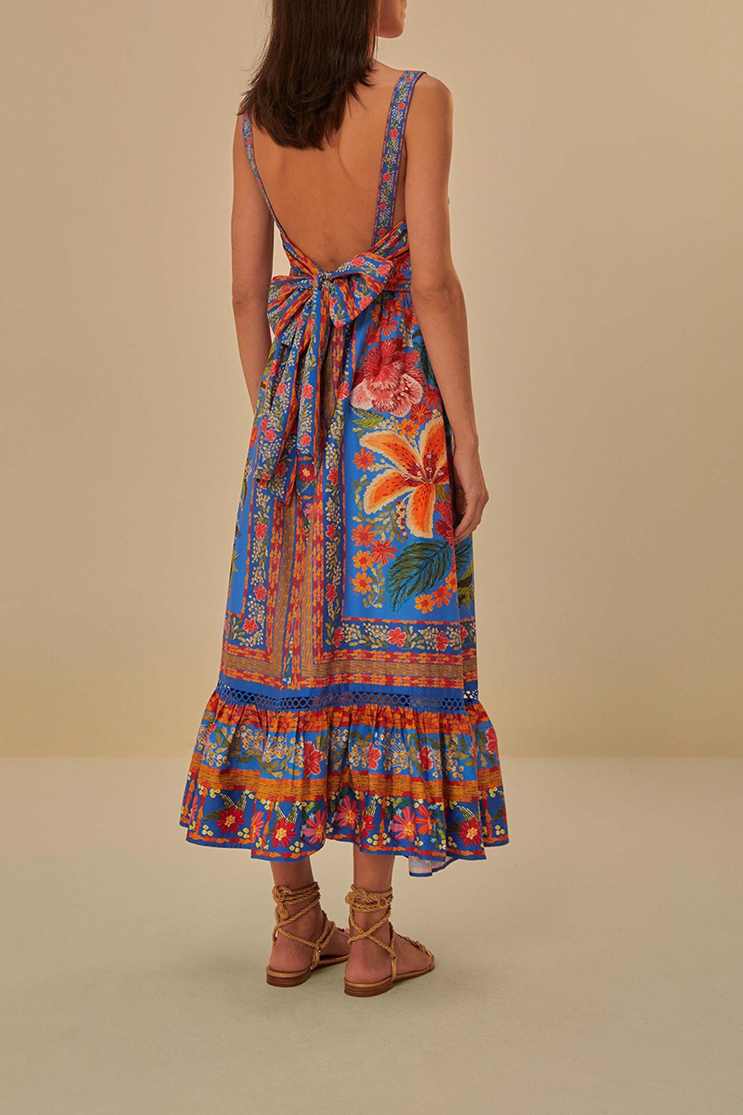 Robe longue Stiched Garden en coton - Bleu